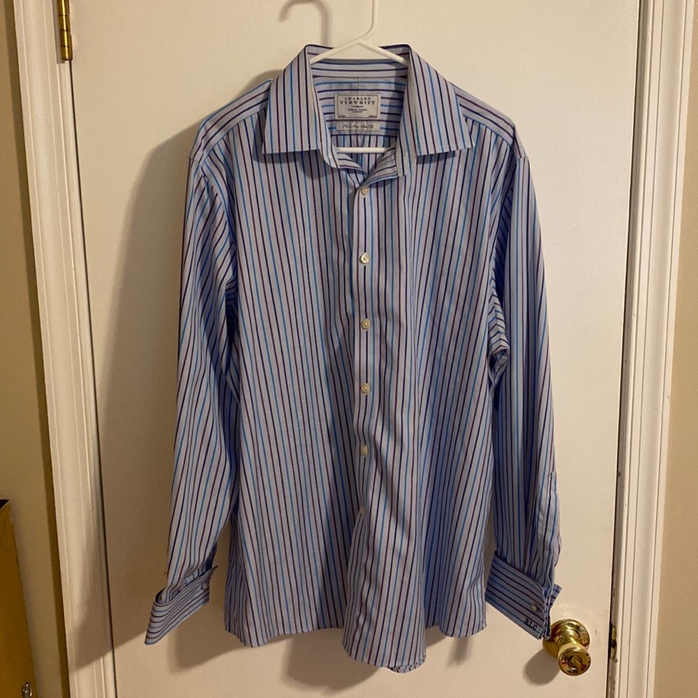 Charles Tyrwhitt French Cuff Dress Shirt Size 17/35 with left cuff monogrammed